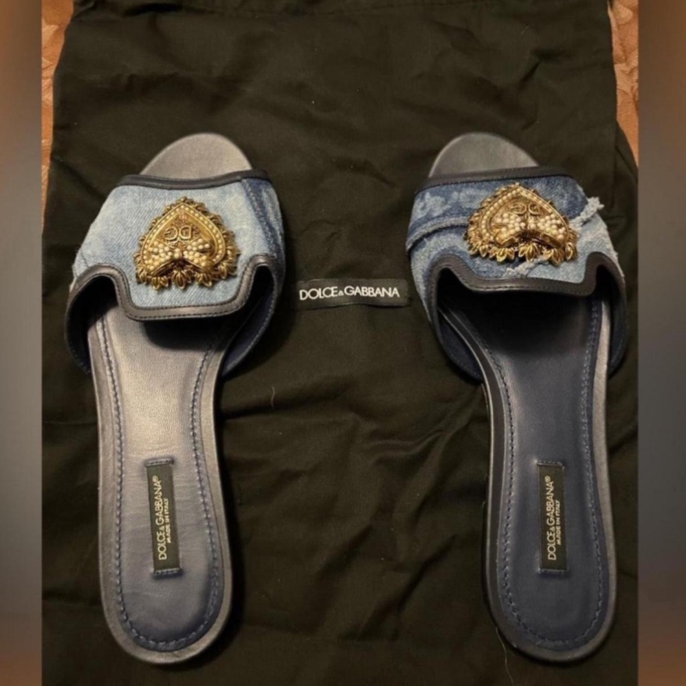 Dolce & Gabbana Denim Slides with Gold Accents